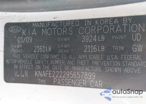 2009 Kia Spectra Ex from USA, damaged, VIN KNAFE222295657899